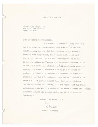 (SCIENTISTS.) EINSTEIN, ALBERT. Two Typed Letters Signed, A. Einstein, to aphorist Hans Margolius, in German.